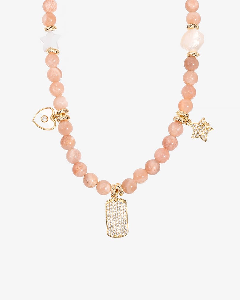 Women's necklace with rose jade stone and natural pearl
