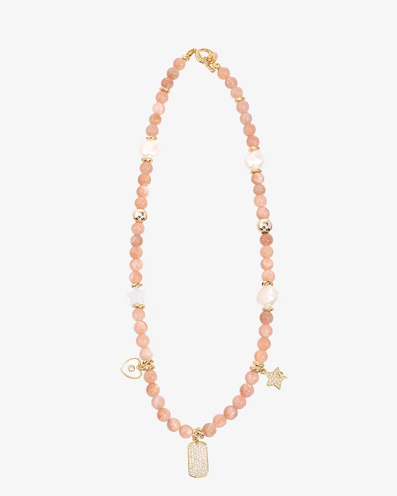 Women's necklace with rose jade stone and natural pearl
