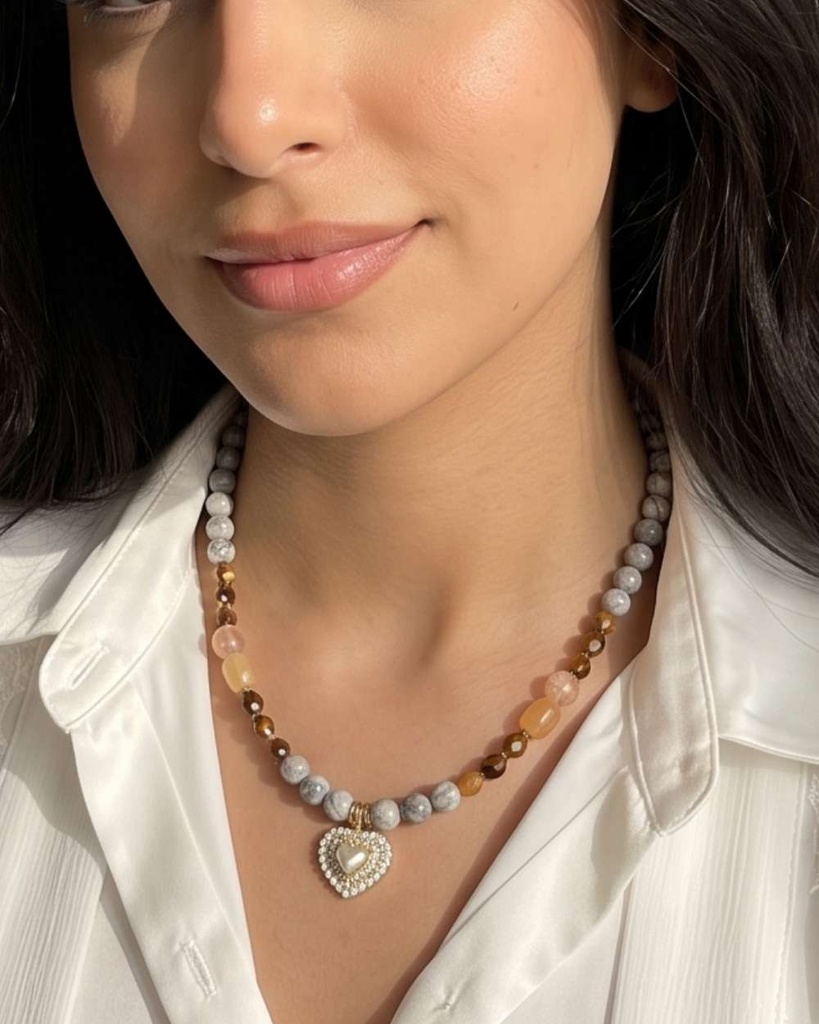 سلسلة نسائية يشب طبيعي وعين النمر وسترين بقلب مرصع